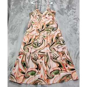 Eloquii Dress Womens 16 Orange Pink Green Swirl Marble Trapeze Maxi Flowy Tiered